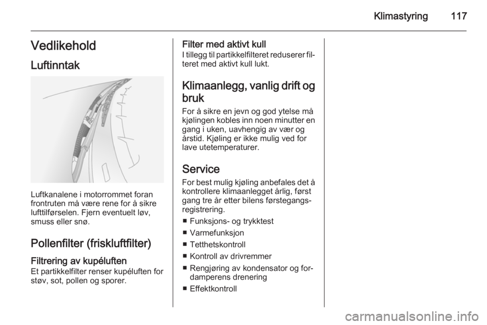 OPEL ANTARA 2014.5  Instruksjonsbok Klimastyring117Vedlikehold
Luftinntak
Luftkanalene i motorrommet foran
frontruten må være rene for å sikre lufttilførselen. Fjern eventuelt løv,
smuss eller snø.
Pollenfilter (friskluftfilter)
F