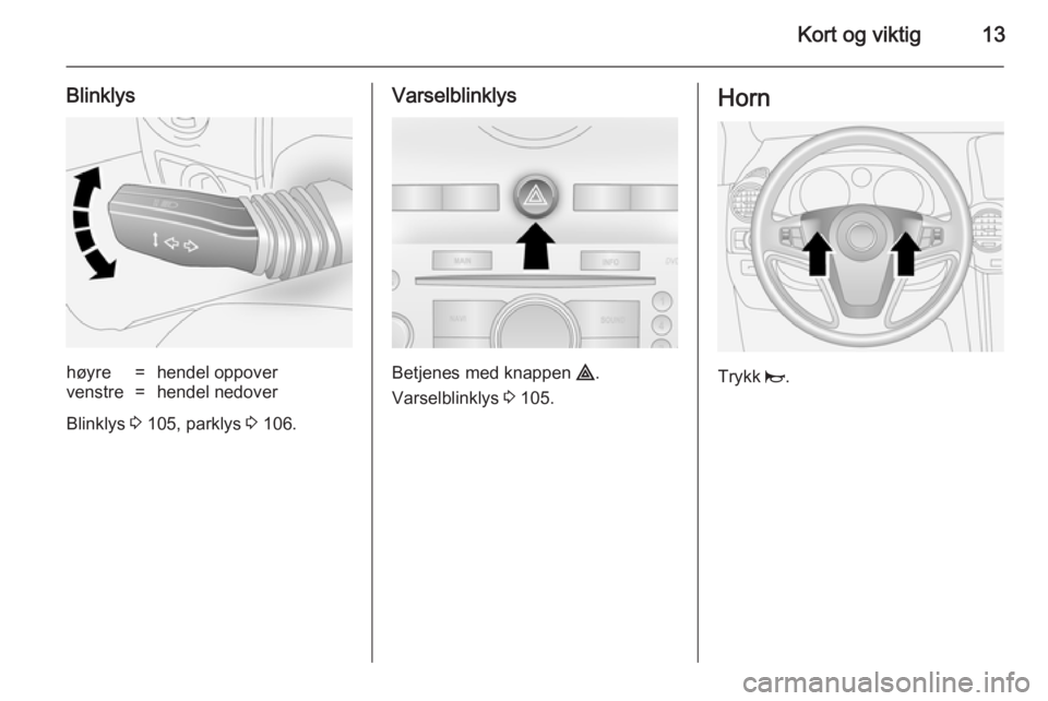 OPEL ANTARA 2014.5  Instruksjonsbok Kort og viktig13
Blinklyshøyre=hendel oppovervenstre=hendel nedover
Blinklys 3 105, parklys  3 106.
Varselblinklys
Betjenes med knappen  ¨.
Varselblinklys  3 105.
Horn
Trykk  j. 