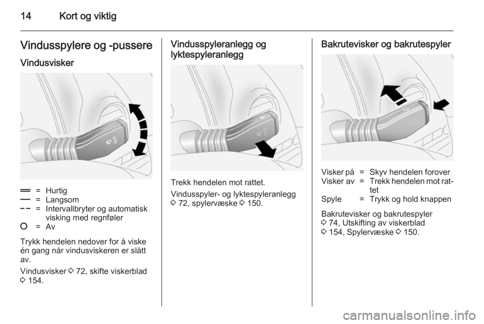 OPEL ANTARA 2014.5  Instruksjonsbok 14Kort og viktigVindusspylere og -pussere
Vindusvisker&=Hurtig%=Langsom$=Intervallbryter og automatisk
visking med regnføler§=Av
Trykk hendelen nedover for å viske
én gang når vindusviskeren er s