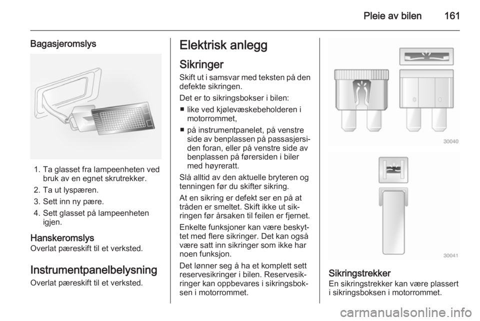 OPEL ANTARA 2014.5  Instruksjonsbok Pleie av bilen161
Bagasjeromslys
1. Ta glasset fra lampeenheten vedbruk av en egnet skrutrekker.
2. Ta ut lyspæren.
3. Sett inn ny pære.
4. Sett glasset på lampeenheten igjen.
Hanskeromslys
Overlat