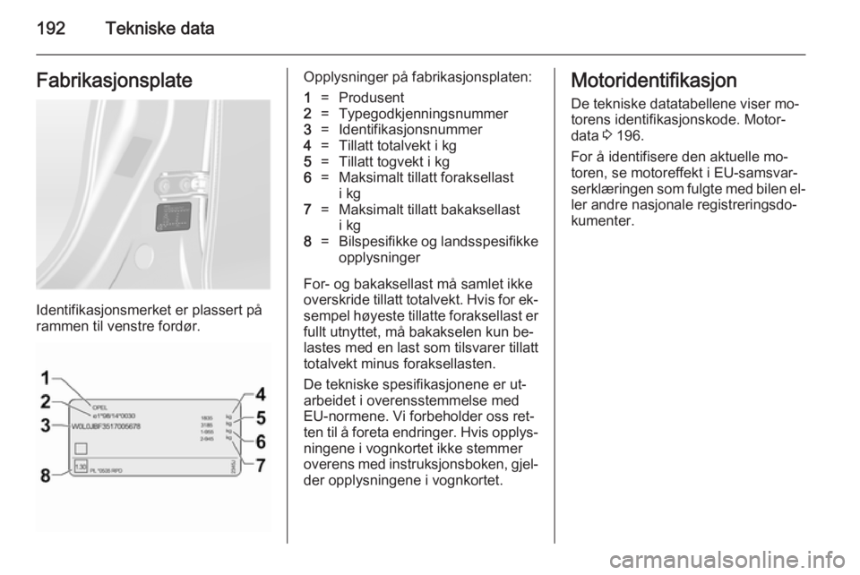 OPEL ANTARA 2014.5 Instruksjonsbok 192Tekniske dataFabrikasjonsplate
Identifikasjonsmerket er plassert på
rammen til venstre fordør.
Opplysninger på fabrikasjonsplaten:1=Produsent2=Typegodkjenningsnummer3=Identifikasjonsnummer4=Till OPEL ANTARA 2014.5 Instruksjonsbok 192Tekniske dataFabrikasjonsplate
Identifikasjonsmerket er plassert på
rammen til venstre fordør.
Opplysninger på fabrikasjonsplaten:1=Produsent2=Typegodkjenningsnummer3=Identifikasjonsnummer4=Till
