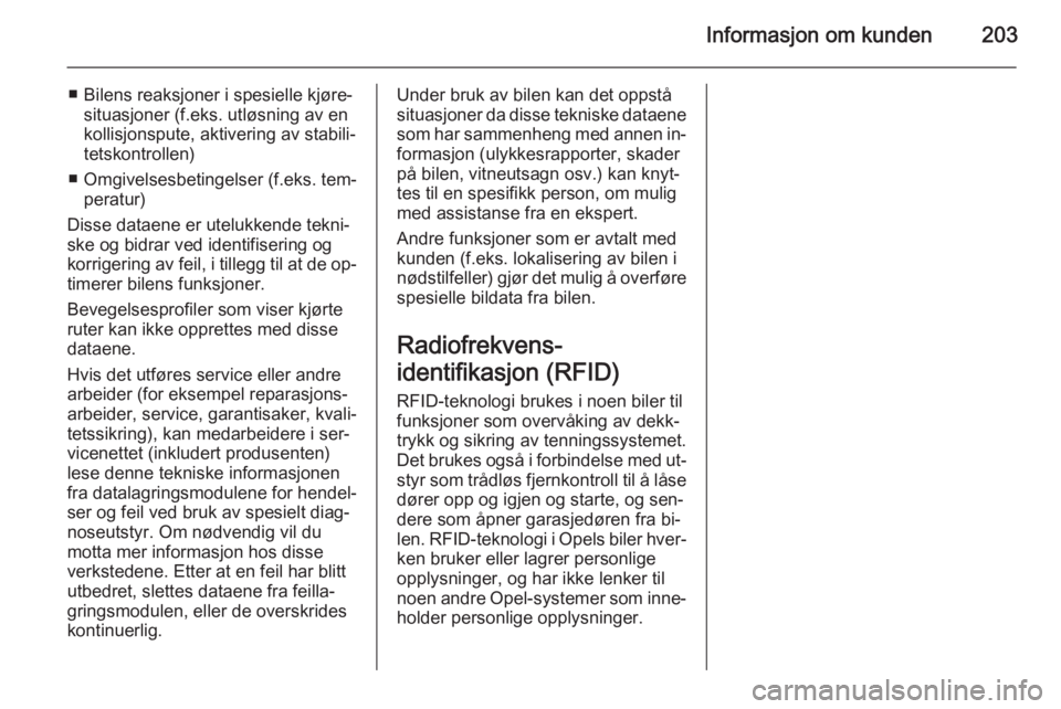 OPEL ANTARA 2014.5  Instruksjonsbok Informasjon om kunden203
■ Bilens reaksjoner i spesielle kjøre‐situasjoner (f.eks. utløsning av enkollisjonspute, aktivering av stabili‐tetskontrollen)
■ Omgivelsesbetingelser (f.eks. tem‐