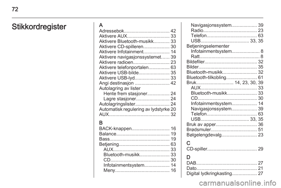 OPEL ASTRA J 2014.5  Brukerhåndbok for infotainmentsystem 72StikkordregisterAAdressebok................................... 42Aktivere AUX ................................ 33
Aktivere Bluetooth-musikk ............33
Aktivere CD-spilleren ....................3
