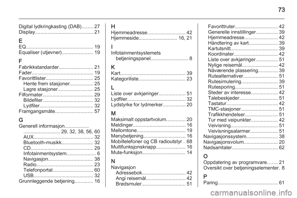 OPEL ASTRA J 2014.5  Brukerhåndbok for infotainmentsystem 73
Digital lydkringkasting (DAB)........27
Display .......................................... 21
E EQ ................................................ 19
Equaliser (utjevner) ......................19
