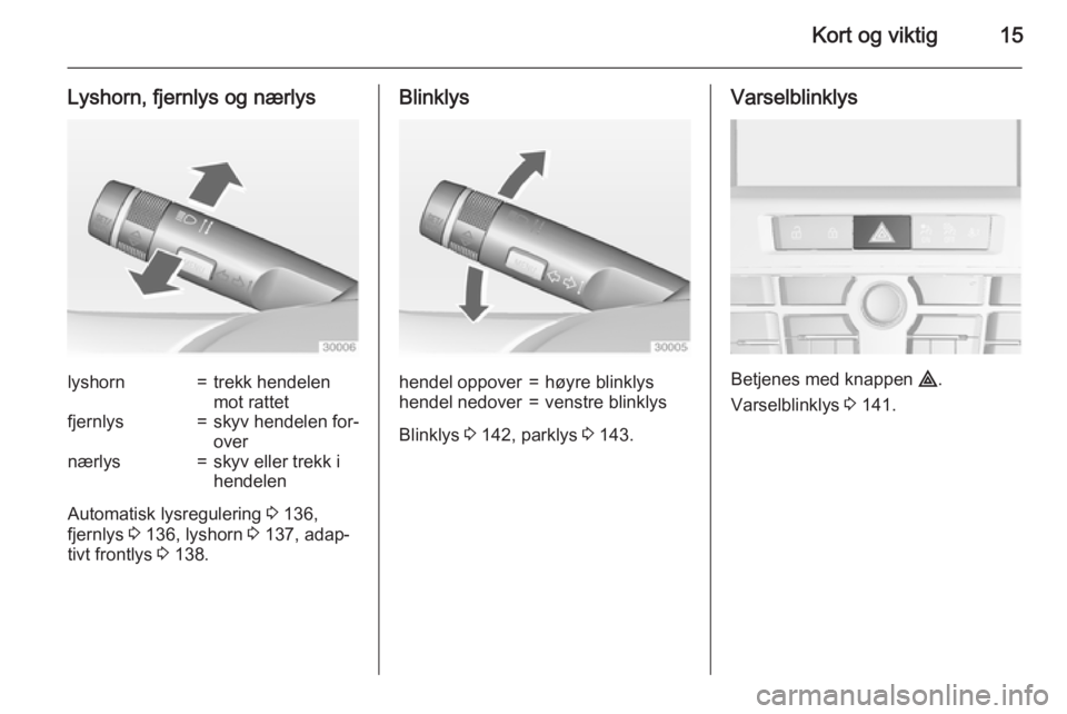 OPEL ASTRA J 2015  Instruksjonsbok Kort og viktig15
Lyshorn, fjernlys og nærlyslyshorn=trekk hendelen
mot rattetfjernlys=skyv hendelen for‐
overnærlys=skyv eller trekk i
hendelen
Automatisk lysregulering  3 136,
fjernlys  3 136, ly