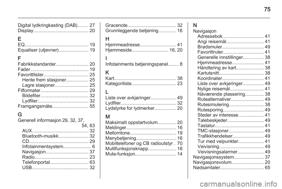 OPEL ASTRA J 2015.5 Brukerhåndbok for infotainmentsystem 75
Digital lydkringkasting (DAB)........27
Display .......................................... 20
E EQ ................................................ 19
Equaliser (utjevner) ......................19
OPEL ASTRA J 2015.5 Brukerhåndbok for infotainmentsystem 75
Digital lydkringkasting (DAB)........27
Display .......................................... 20
E EQ ................................................ 19
Equaliser (utjevner) ......................19
