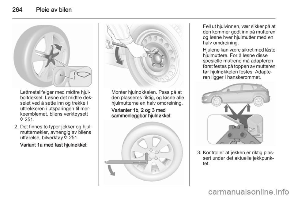 OPEL ASTRA J 2015.5 Instruksjonsbok 264Pleie av bilen
Lettmetallfelger med midtre hjul‐
boltdeksel: Løsne det midtre dek‐
selet ved å sette inn og trekke i
uttrekkeren i utsparingen til mer‐
keemblemet, bilens verktøysett
3 25 OPEL ASTRA J 2015.5 Instruksjonsbok 264Pleie av bilen
Lettmetallfelger med midtre hjul‐
boltdeksel: Løsne det midtre dek‐
selet ved å sette inn og trekke i
uttrekkeren i utsparingen til mer‐
keemblemet, bilens verktøysett
3 25