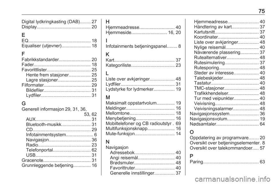 OPEL ASTRA J 2016  Brukerhåndbok for infotainmentsystem 75Digital lydkringkasting (DAB)........27
Display .......................................... 20
E
EQ ................................................ 18
Equaliser (utjevner) ......................18
F