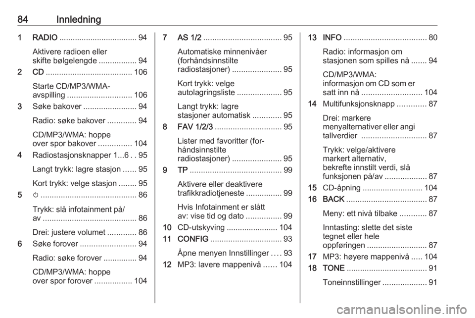 OPEL ASTRA J 2016 Brukerhåndbok for infotainmentsystem 84Innledning1 RADIO................................... 94
Aktivere radioen eller
skifte bølgelengde .................94
2 CD ....................................... 106
Starte CD/MP3/WMA-
avspilling OPEL ASTRA J 2016 Brukerhåndbok for infotainmentsystem 84Innledning1 RADIO................................... 94
Aktivere radioen eller
skifte bølgelengde .................94
2 CD ....................................... 106
Starte CD/MP3/WMA-
avspilling