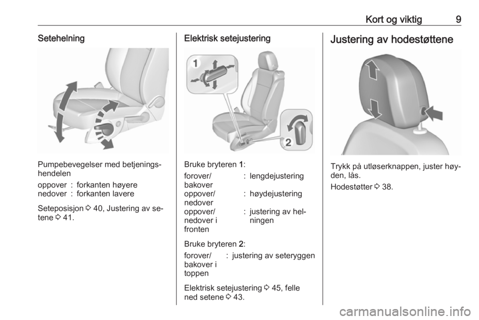 OPEL ASTRA J 2016  Instruksjonsbok Kort og viktig9Setehelning
Pumpebevegelser med betjenings‐
hendelen
oppover:forkanten høyerenedover:forkanten lavere
Seteposisjon  3 40, Justering av se‐
tene  3 41.
Elektrisk setejustering
Bruke