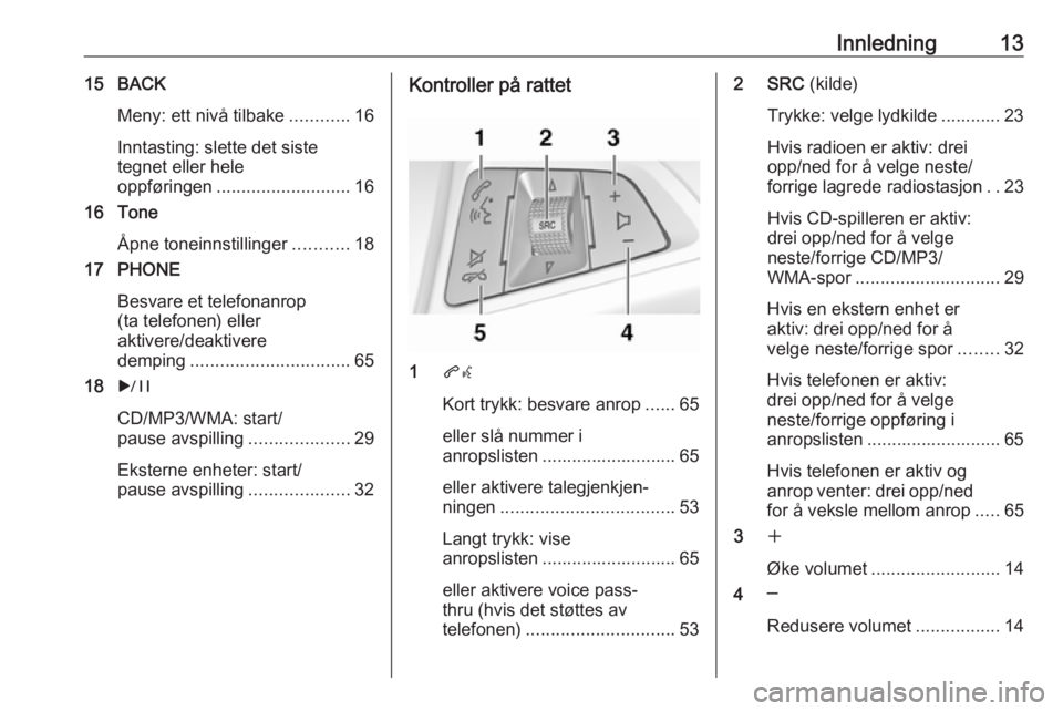 OPEL ASTRA J 2016.5  Brukerhåndbok for infotainmentsystem Innledning1315 BACKMeny: ett nivå tilbake ............16
Inntasting: slette det siste
tegnet eller hele
oppføringen ........................... 16
16 Tone
Åpne toneinnstillinger ...........18
17 PH