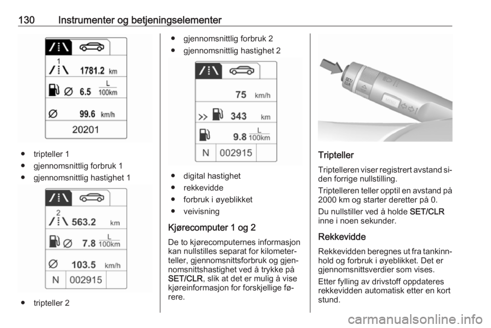 OPEL ASTRA J 2016.5  Instruksjonsbok 130Instrumenter og betjeningselementer
● tripteller 1
● gjennomsnittlig forbruk 1
● gjennomsnittlig hastighet 1
● tripteller 2
● gjennomsnittlig forbruk 2
● gjennomsnittlig hastighet 2
● OPEL ASTRA J 2016.5  Instruksjonsbok 130Instrumenter og betjeningselementer
● tripteller 1
● gjennomsnittlig forbruk 1
● gjennomsnittlig hastighet 1
● tripteller 2
● gjennomsnittlig forbruk 2
● gjennomsnittlig hastighet 2
●