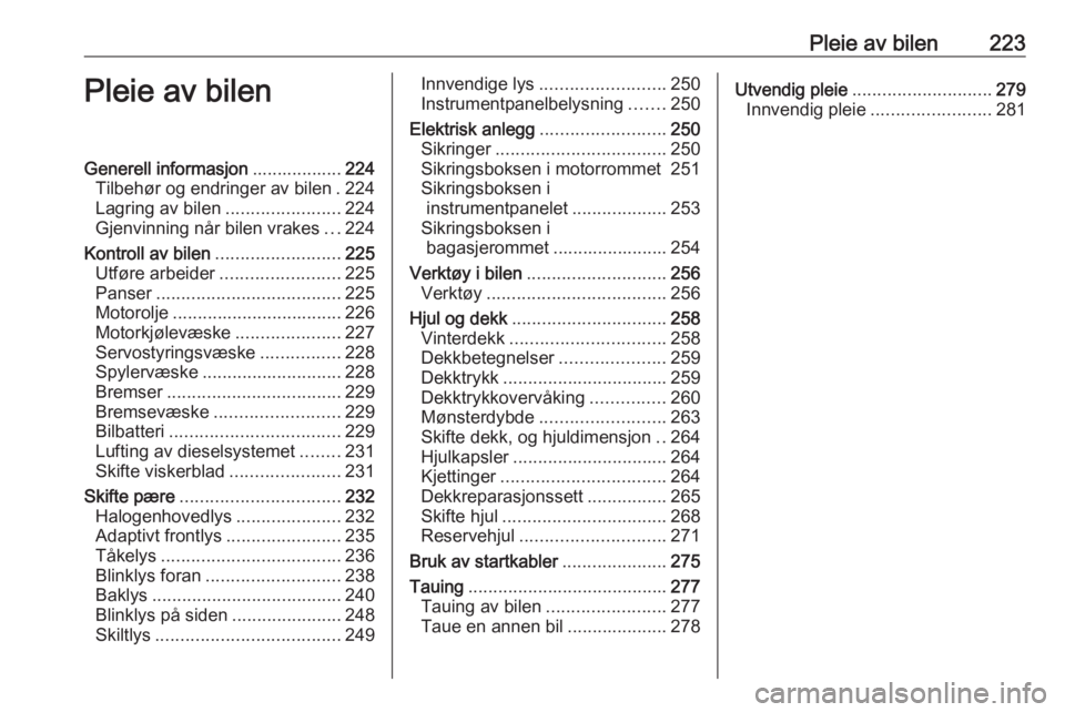 OPEL ASTRA J 2016.5  Instruksjonsbok Pleie av bilen223Pleie av bilenGenerell informasjon..................224
Tilbehør og endringer av bilen . 224
Lagring av bilen .......................224
Gjenvinning når bilen vrakes ...224
Kontroll OPEL ASTRA J 2016.5  Instruksjonsbok Pleie av bilen223Pleie av bilenGenerell informasjon..................224
Tilbehør og endringer av bilen . 224
Lagring av bilen .......................224
Gjenvinning når bilen vrakes ...224
Kontroll