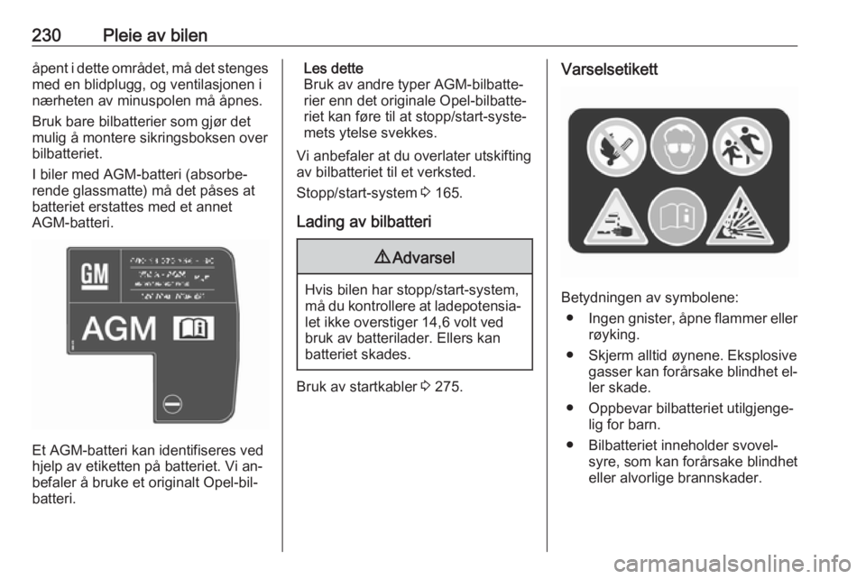 OPEL ASTRA J 2016.5  Instruksjonsbok 230Pleie av bilenåpent i dette området, må det stengesmed en blidplugg, og ventilasjonen i
nærheten av minuspolen må åpnes.
Bruk bare bilbatterier som gjør det
mulig å montere sikringsboksen o