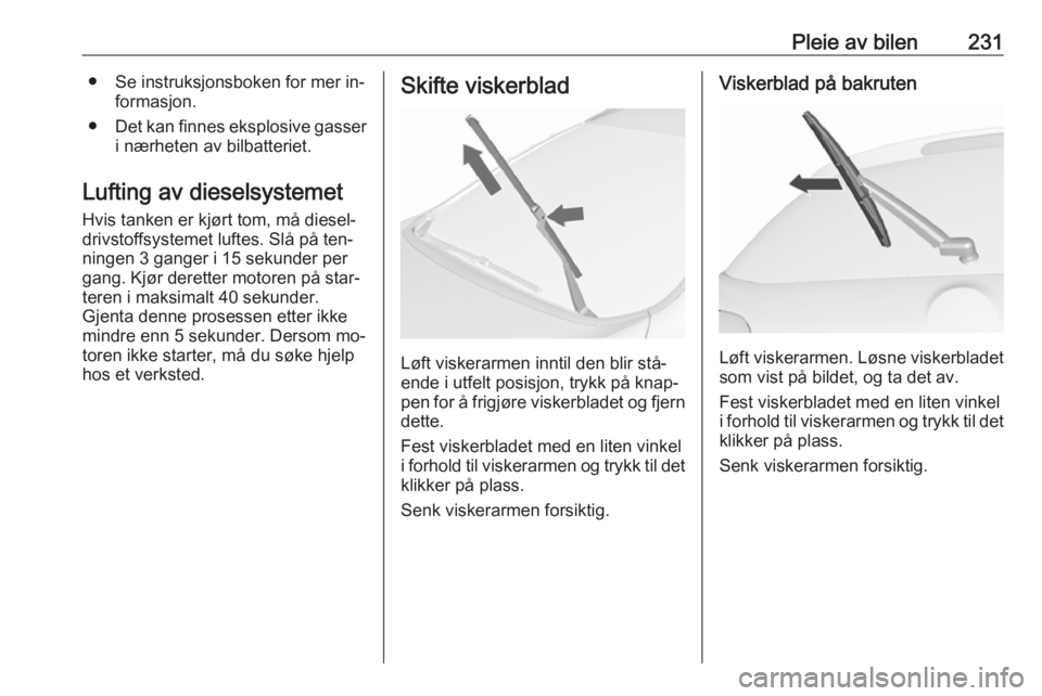 OPEL ASTRA J 2016.5  Instruksjonsbok Pleie av bilen231● Se instruksjonsboken for mer in‐formasjon.
● Det kan finnes eksplosive gasser
i nærheten av bilbatteriet.
Lufting av dieselsystemet Hvis tanken er kjørt tom, må diesel‐
d OPEL ASTRA J 2016.5  Instruksjonsbok Pleie av bilen231● Se instruksjonsboken for mer in‐formasjon.
● Det kan finnes eksplosive gasser
i nærheten av bilbatteriet.
Lufting av dieselsystemet Hvis tanken er kjørt tom, må diesel‐
d
