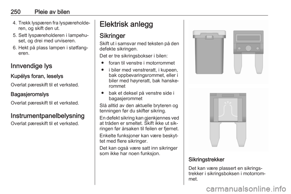 OPEL ASTRA J 2016.5  Instruksjonsbok 250Pleie av bilen4.Trekk lyspæren fra lyspæreholde‐
ren, og skift den ut.
5. Sett lyspæreholderen i lampehu‐ set, og drei med urviseren.
6. Hekt på plass lampen i støtfang‐ eren.
Innvendige OPEL ASTRA J 2016.5  Instruksjonsbok 250Pleie av bilen4.Trekk lyspæren fra lyspæreholde‐
ren, og skift den ut.
5. Sett lyspæreholderen i lampehu‐ set, og drei med urviseren.
6. Hekt på plass lampen i støtfang‐ eren.
Innvendige