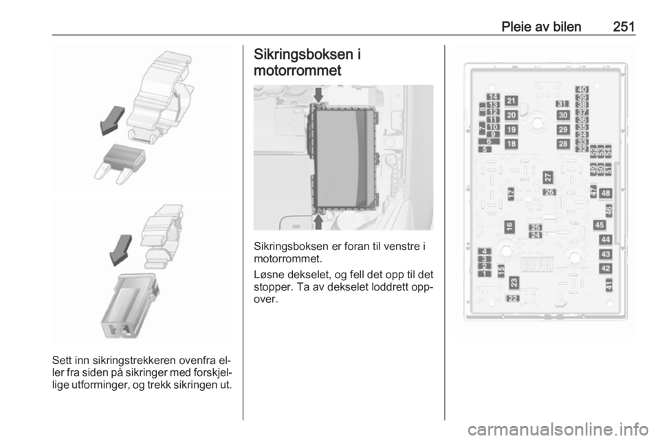 OPEL ASTRA J 2016.5  Instruksjonsbok Pleie av bilen251
Sett inn sikringstrekkeren ovenfra el‐
ler fra siden på sikringer med forskjel‐ lige utforminger, og trekk sikringen ut.
Sikringsboksen i
motorrommet
Sikringsboksen er foran til OPEL ASTRA J 2016.5  Instruksjonsbok Pleie av bilen251
Sett inn sikringstrekkeren ovenfra el‐
ler fra siden på sikringer med forskjel‐ lige utforminger, og trekk sikringen ut.
Sikringsboksen i
motorrommet
Sikringsboksen er foran til