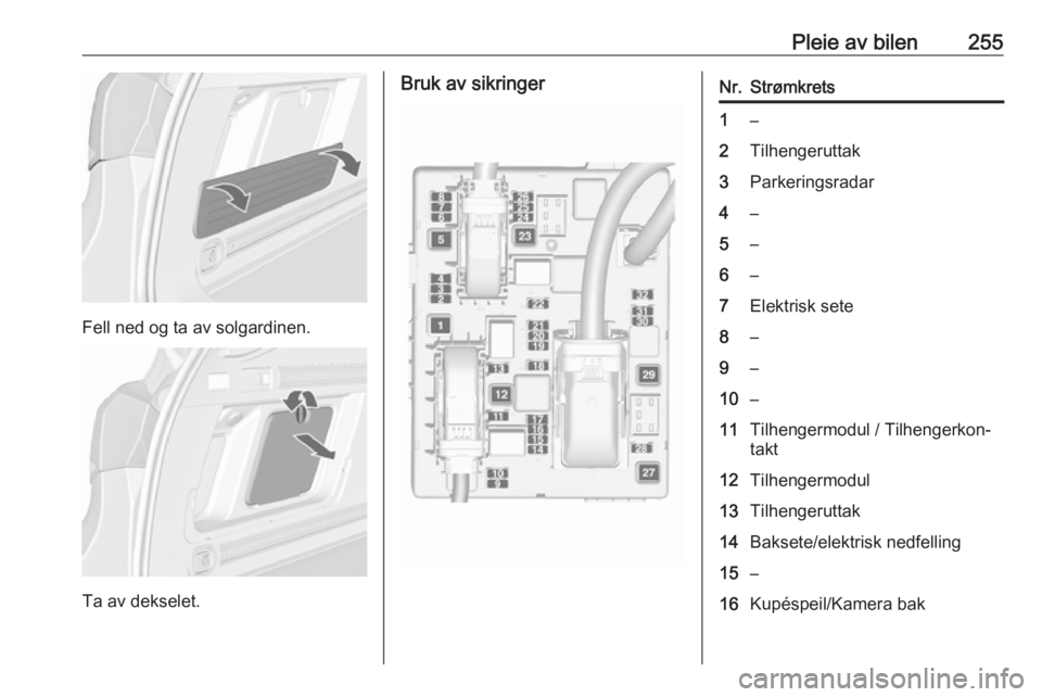 OPEL ASTRA J 2016.5  Instruksjonsbok Pleie av bilen255
Fell ned og ta av solgardinen.
Ta av dekselet.
Bruk av sikringerNr.Strømkrets1–2Tilhengeruttak3Parkeringsradar4–5–6–7Elektrisk sete8–9–10–11Tilhengermodul / Tilhengerk OPEL ASTRA J 2016.5  Instruksjonsbok Pleie av bilen255
Fell ned og ta av solgardinen.
Ta av dekselet.
Bruk av sikringerNr.Strømkrets1–2Tilhengeruttak3Parkeringsradar4–5–6–7Elektrisk sete8–9–10–11Tilhengermodul / Tilhengerk