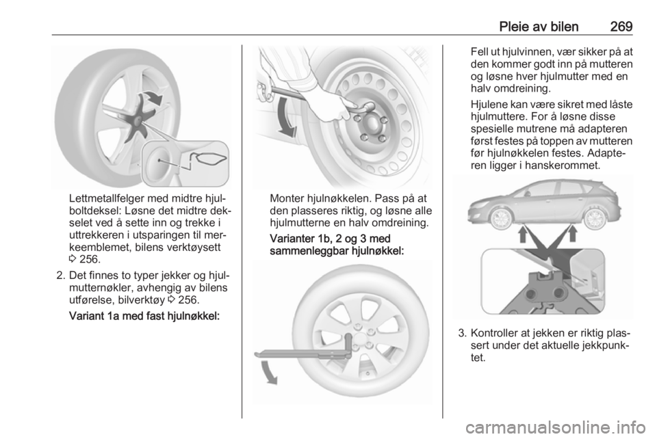 OPEL ASTRA J 2016.5  Instruksjonsbok Pleie av bilen269
Lettmetallfelger med midtre hjul‐
boltdeksel: Løsne det midtre dek‐
selet ved å sette inn og trekke i
uttrekkeren i utsparingen til mer‐
keemblemet, bilens verktøysett
3  25