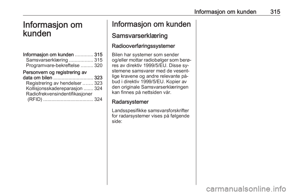 OPEL ASTRA J 2016.5  Instruksjonsbok Informasjon om kunden315Informasjon om
kundenInformasjon om kunden .............315
Samsvarserklæring .................315
Programvare-bekreftelse .........320
Personvern og registrering av
data om b OPEL ASTRA J 2016.5  Instruksjonsbok Informasjon om kunden315Informasjon om
kundenInformasjon om kunden .............315
Samsvarserklæring .................315
Programvare-bekreftelse .........320
Personvern og registrering av
data om b