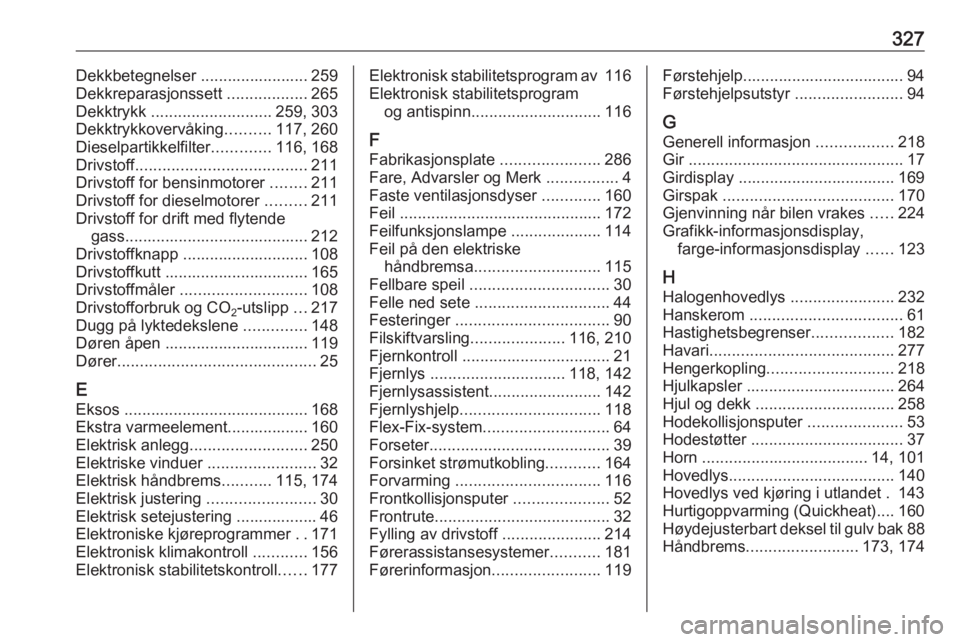OPEL ASTRA J 2016.5 Instruksjonsbok 327Dekkbetegnelser ........................ 259
Dekkreparasjonssett ..................265
Dekktrykk ........................... 259, 303
Dekktrykkovervåking ..........117, 260
Dieselpartikkelfilter OPEL ASTRA J 2016.5 Instruksjonsbok 327Dekkbetegnelser ........................ 259
Dekkreparasjonssett ..................265
Dekktrykk ........................... 259, 303
Dekktrykkovervåking ..........117, 260
Dieselpartikkelfilter
