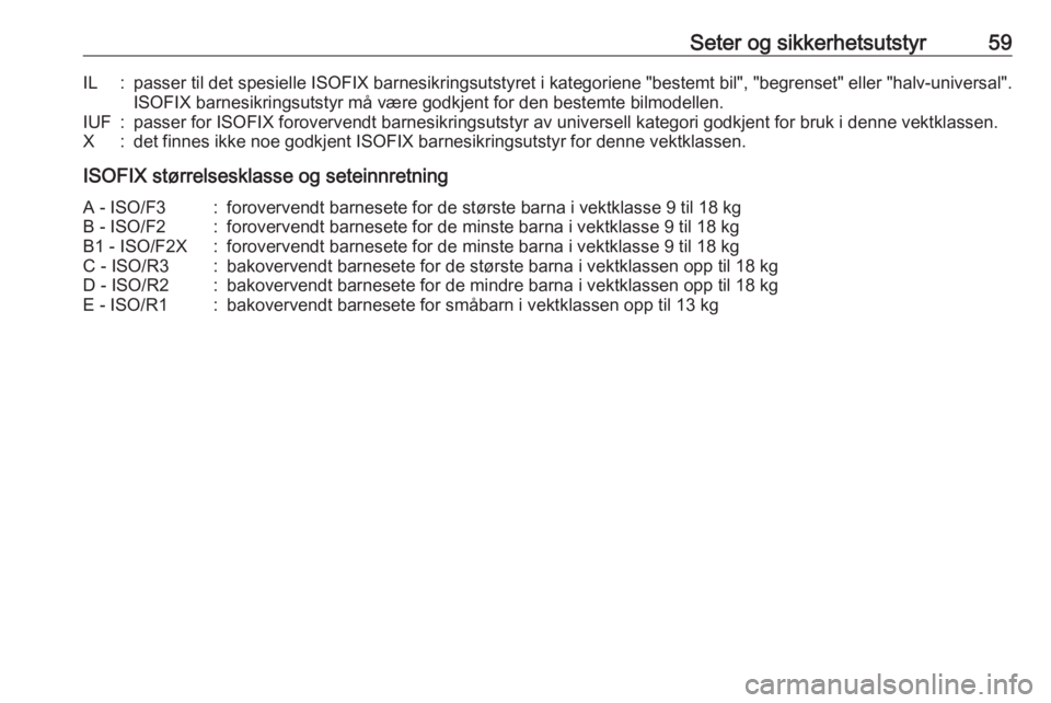 OPEL ASTRA J 2016.5  Instruksjonsbok Seter og sikkerhetsutstyr59IL:passer til det spesielle ISOFIX barnesikringsutstyret i kategoriene "bestemt bil", "begrenset" eller "halv-universal".
ISOFIX barnesikringsutstyr  OPEL ASTRA J 2016.5  Instruksjonsbok Seter og sikkerhetsutstyr59IL:passer til det spesielle ISOFIX barnesikringsutstyret i kategoriene "bestemt bil", "begrenset" eller "halv-universal".
ISOFIX barnesikringsutstyr