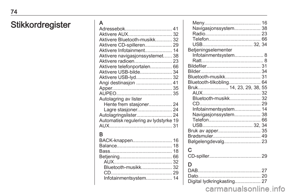 OPEL ASTRA J 2017 Brukerhåndbok for infotainmentsystem 74StikkordregisterAAdressebok................................... 41Aktivere AUX ................................ 32
Aktivere Bluetooth-musikk ............32
Aktivere CD-spilleren ....................2 OPEL ASTRA J 2017 Brukerhåndbok for infotainmentsystem 74StikkordregisterAAdressebok................................... 41Aktivere AUX ................................ 32
Aktivere Bluetooth-musikk ............32
Aktivere CD-spilleren ....................2