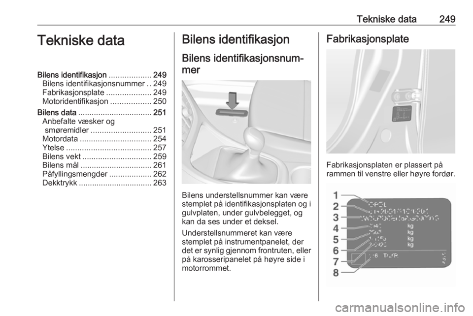OPEL ASTRA J 2017 Instruksjonsbok Tekniske data249Tekniske dataBilens identifikasjon...................249
Bilens identifikasjonsnummer ..249
Fabrikasjonsplate ....................249
Motoridentifikasjon ..................250
Bilens d OPEL ASTRA J 2017 Instruksjonsbok Tekniske data249Tekniske dataBilens identifikasjon...................249
Bilens identifikasjonsnummer ..249
Fabrikasjonsplate ....................249
Motoridentifikasjon ..................250
Bilens d