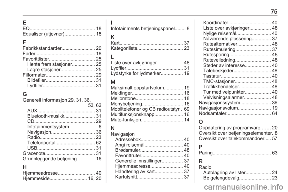 OPEL ASTRA J 2018 Brukerhåndbok for infotainmentsystem 75EEQ ................................................ 18
Equaliser (utjevner) ......................18
F
Fabrikkstandarder......................... 20
Fader .......................................... OPEL ASTRA J 2018 Brukerhåndbok for infotainmentsystem 75EEQ ................................................ 18
Equaliser (utjevner) ......................18
F
Fabrikkstandarder......................... 20
Fader ..........................................