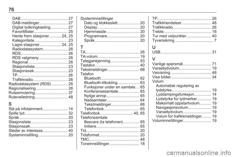 OPEL ASTRA J 2018 Brukerhåndbok for infotainmentsystem 76DAB........................................... 27
DAB-meldinger .......................... 27
Digital lydkringkasting ...............27
Favorittlister............................... 25
Hente frem st OPEL ASTRA J 2018 Brukerhåndbok for infotainmentsystem 76DAB........................................... 27
DAB-meldinger .......................... 27
Digital lydkringkasting ...............27
Favorittlister............................... 25
Hente frem st