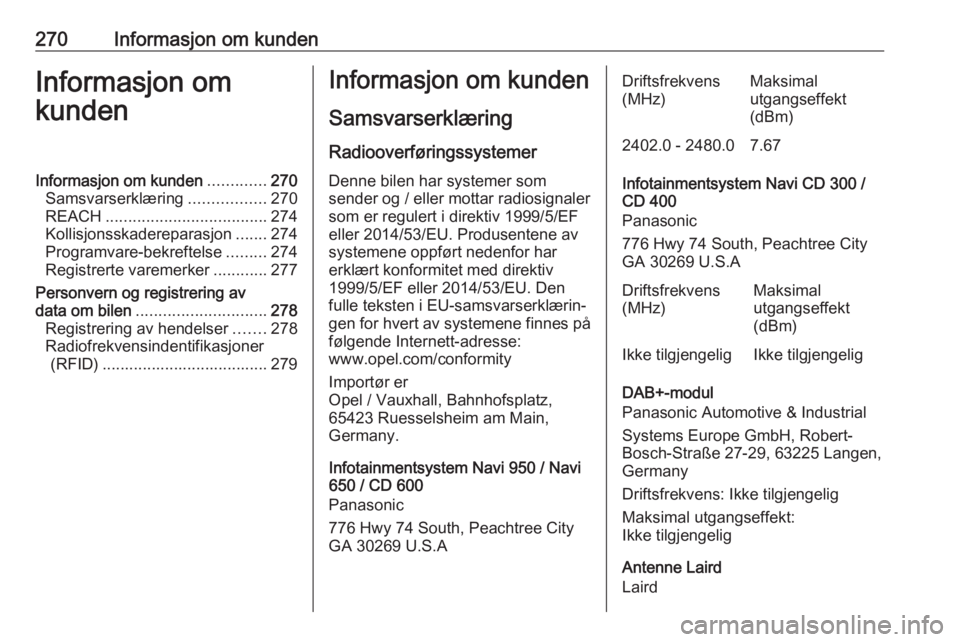 OPEL ASTRA J 2018  Instruksjonsbok 270Informasjon om kundenInformasjon om
kundenInformasjon om kunden .............270
Samsvarserklæring .................270
REACH .................................... 274
Kollisjonsskadereparasjon ...