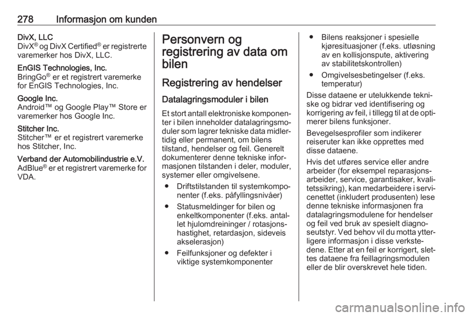 OPEL ASTRA J 2018 Instruksjonsbok 278Informasjon om kundenDivX, LLC
DivX ®
og DivX Certified ®
er registrerte
varemerker hos DivX, LLC.EnGIS Technologies, Inc.
BringGo ®
er et registrert varemerke
for EnGIS Technologies, Inc.Goo OPEL ASTRA J 2018 Instruksjonsbok 278Informasjon om kundenDivX, LLC
DivX ®
og DivX Certified ®
er registrerte
varemerker hos DivX, LLC.EnGIS Technologies, Inc.
BringGo ®
er et registrert varemerke
for EnGIS Technologies, Inc.Goo