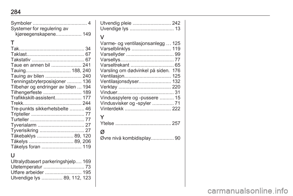 OPEL ASTRA J 2018  Instruksjonsbok 284Symboler ....................................... 4
Systemer for regulering av kjøreegenskapene ..................149
T
Tak................................................ 34
Taklast ..............
