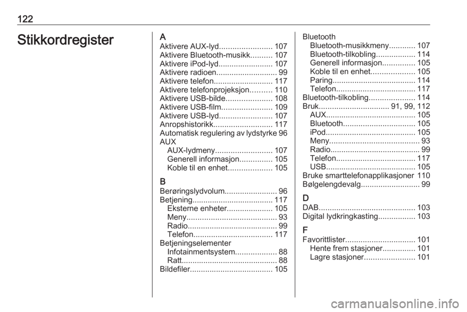 OPEL ASTRA K 2016 Brukerhåndbok for infotainmentsystem 122StikkordregisterAAktivere AUX-lyd ........................107
Aktivere Bluetooth-musikk ..........107
Aktivere iPod-lyd......................... 107
Aktivere radioen............................ 99
OPEL ASTRA K 2016 Brukerhåndbok for infotainmentsystem 122StikkordregisterAAktivere AUX-lyd ........................107
Aktivere Bluetooth-musikk ..........107
Aktivere iPod-lyd......................... 107
Aktivere radioen............................ 99