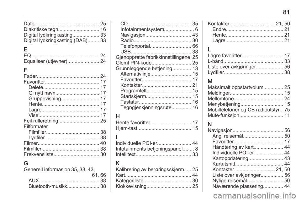 OPEL ASTRA K 2016 Brukerhåndbok for infotainmentsystem 81Dato.............................................. 25
Diakritiske tegn ............................. 16
Digital lydkringkasting ...................33
Digital lydkringkasting (DAB) ........33
E EQ .. OPEL ASTRA K 2016 Brukerhåndbok for infotainmentsystem 81Dato.............................................. 25
Diakritiske tegn ............................. 16
Digital lydkringkasting ...................33
Digital lydkringkasting (DAB) ........33
E EQ ..