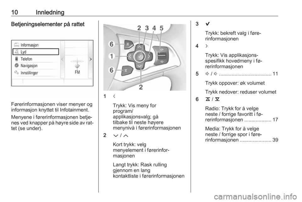 OPEL ASTRA K 2016  Brukerhåndbok for infotainmentsystem 10InnledningBetjeningselementer på rattet
Førerinformasjonen viser menyer og
informasjon knyttet til Infotainment.
Menyene i førerinformasjonen betje‐
nes ved knapper på høyre side av rat‐
te