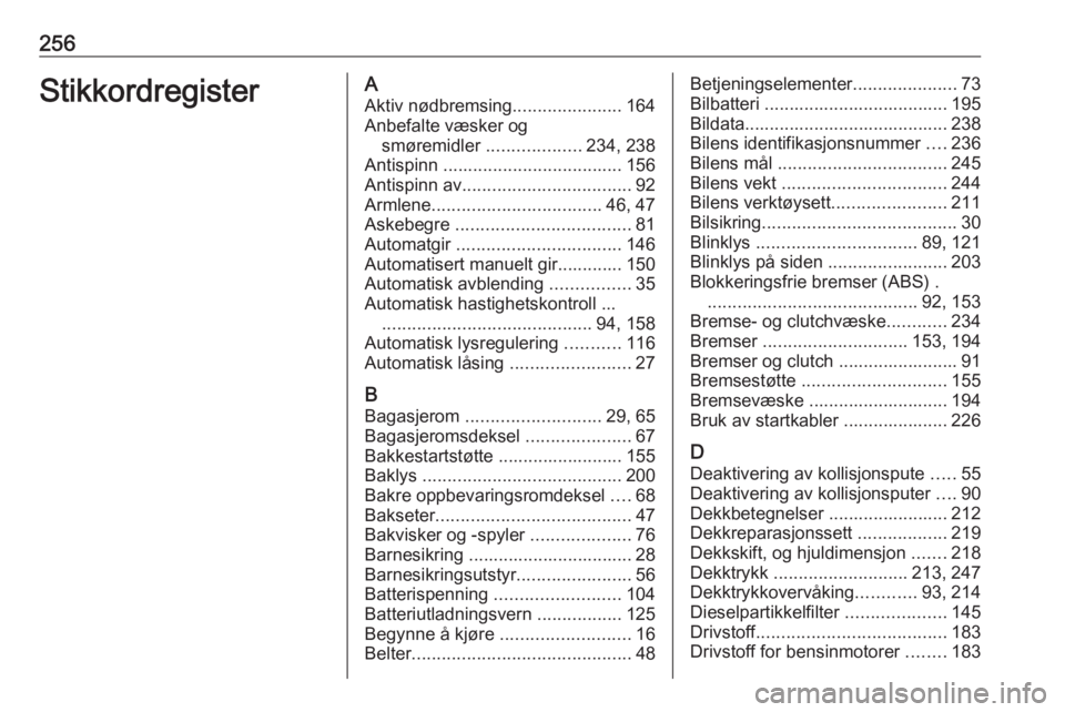 OPEL ASTRA K 2016  Instruksjonsbok 256StikkordregisterAAktiv nødbremsing ......................164
Anbefalte væsker og smøremidler  ...................234, 238
Antispinn  .................................... 156
Antispinn av .......
