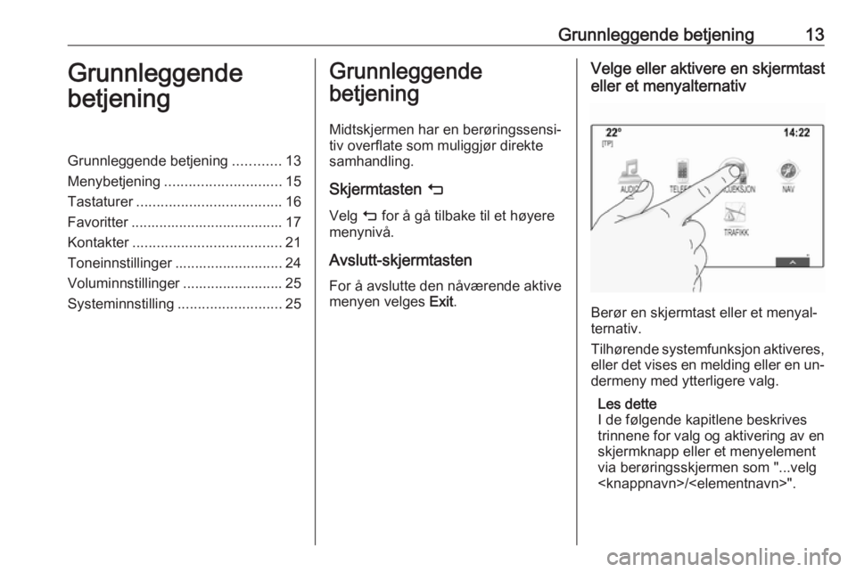 OPEL ASTRA K 2016.5  Brukerhåndbok for infotainmentsystem Grunnleggende betjening13Grunnleggende
betjeningGrunnleggende betjening ............13
Menybetjening ............................. 15
Tastaturer .................................... 16
Favoritter ....