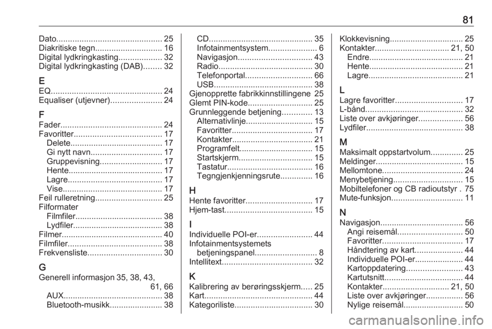 OPEL ASTRA K 2016.5 Brukerhåndbok for infotainmentsystem 81Dato.............................................. 25
Diakritiske tegn ............................. 16
Digital lydkringkasting ...................32
Digital lydkringkasting (DAB) ........32
E EQ .. OPEL ASTRA K 2016.5 Brukerhåndbok for infotainmentsystem 81Dato.............................................. 25
Diakritiske tegn ............................. 16
Digital lydkringkasting ...................32
Digital lydkringkasting (DAB) ........32
E EQ ..