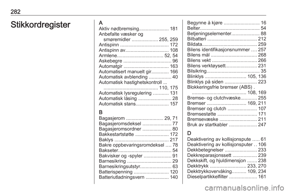 OPEL ASTRA K 2016.5  Instruksjonsbok 282StikkordregisterAAktiv nødbremsing ......................181
Anbefalte væsker og smøremidler  ...................255, 259
Antispinn  .................................... 172
Antispinn av .......