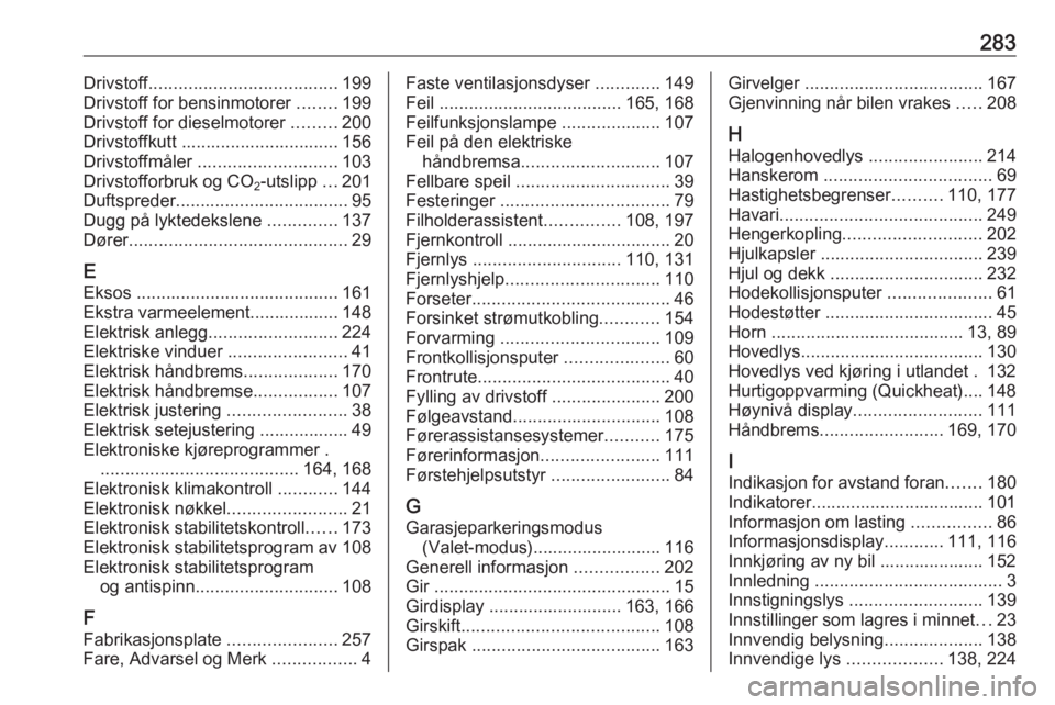 OPEL ASTRA K 2016.5  Instruksjonsbok 283Drivstoff...................................... 199
Drivstoff for bensinmotorer  ........199
Drivstoff for dieselmotorer  .........200
Drivstoffkutt ................................ 156
Drivstoffm�