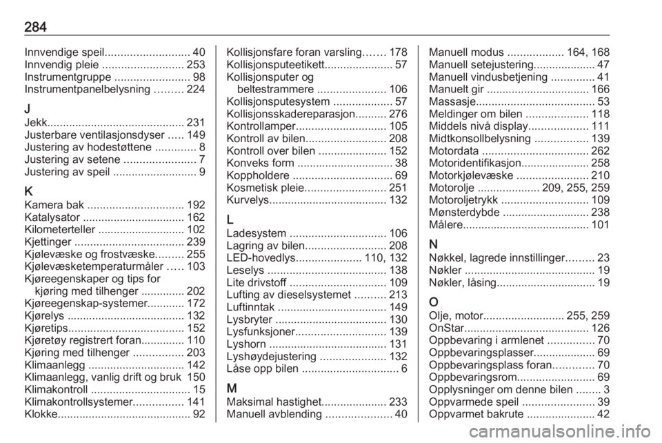 OPEL ASTRA K 2016.5  Instruksjonsbok 284Innvendige speil........................... 40
Innvendig pleie  .......................... 253
Instrumentgruppe  ........................98
Instrumentpanelbelysning  .........224
J Jekk ...........