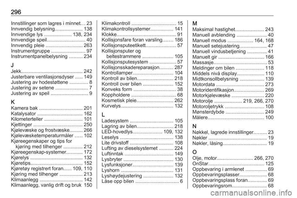 OPEL ASTRA K 2017  Instruksjonsbok 296Innstillinger som lagres i minnet...23
Innvendig belysning ....................138
Innvendige lys  ...................138, 234
Innvendige speil ........................... 40
Innvendig pleie  .....