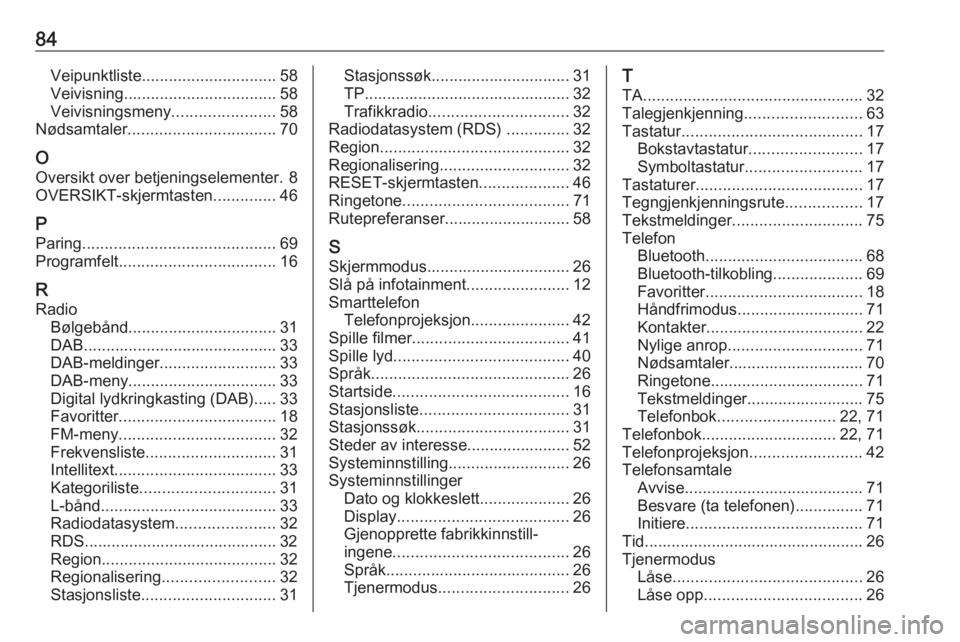 OPEL ASTRA K 2017.5  Brukerhåndbok for infotainmentsystem 84Veipunktliste.............................. 58
Veivisning .................................. 58
Veivisningsmeny .......................58
Nødsamtaler ................................. 70
O Oversikt