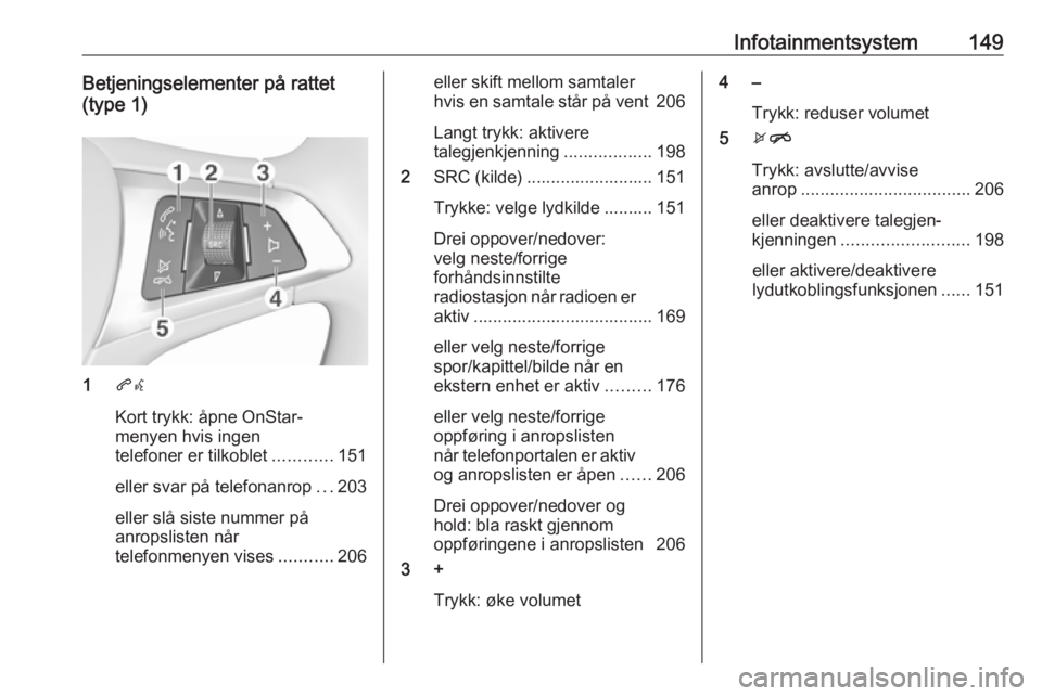 OPEL ASTRA K 2017.5  Instruksjonsbok Infotainmentsystem149Betjeningselementer på rattet
(type 1)
1 qw
Kort trykk: åpne OnStar-
menyen hvis ingen
telefoner er tilkoblet ............151
eller svar på telefonanrop ...203
eller slå siste