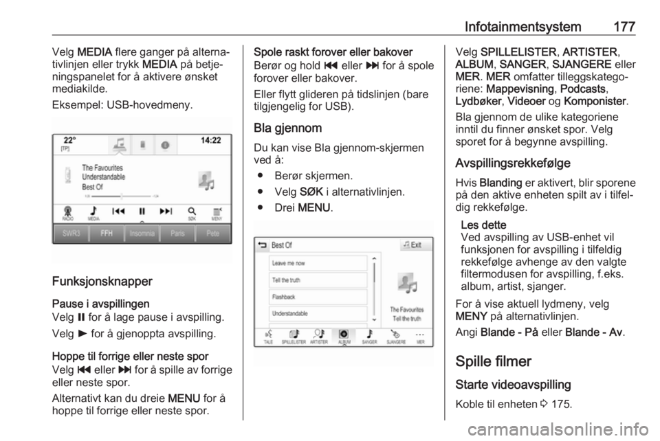 OPEL ASTRA K 2017.5  Instruksjonsbok Infotainmentsystem177Velg MEDIA  flere ganger på alterna‐
tivlinjen eller trykk  MEDIA på betje‐
ningspanelet for å aktivere ønsket
mediakilde.
Eksempel: USB-hovedmeny.
Funksjonsknapper
Pause 