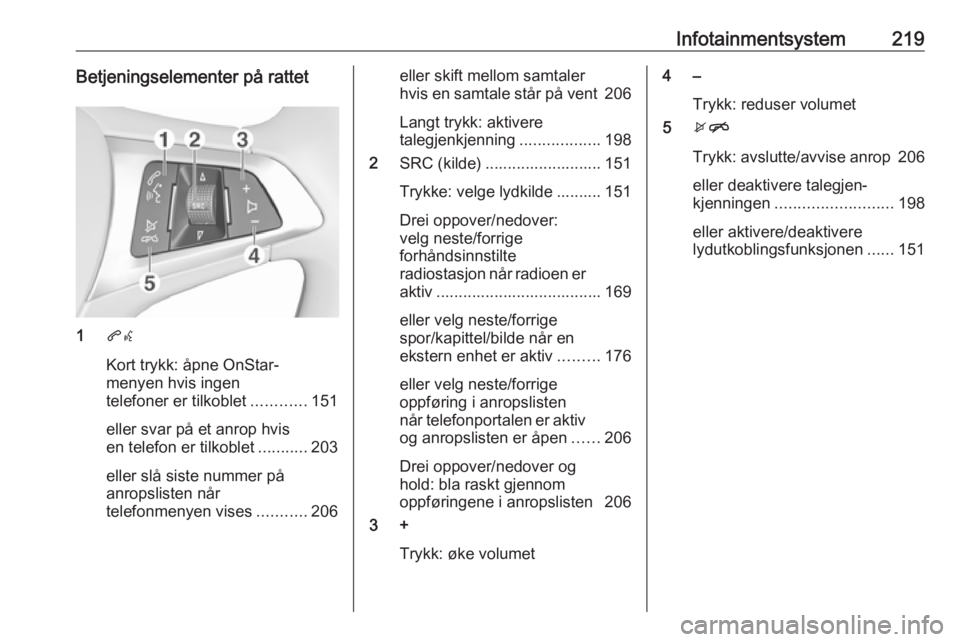 OPEL ASTRA K 2017.5  Instruksjonsbok Infotainmentsystem219Betjeningselementer på rattet
1qw
Kort trykk: åpne OnStar-
menyen hvis ingen
telefoner er tilkoblet ............151
eller svar på et anrop hvis
en telefon er tilkoblet ........ OPEL ASTRA K 2017.5  Instruksjonsbok Infotainmentsystem219Betjeningselementer på rattet
1qw
Kort trykk: åpne OnStar-
menyen hvis ingen
telefoner er tilkoblet ............151
eller svar på et anrop hvis
en telefon er tilkoblet ........