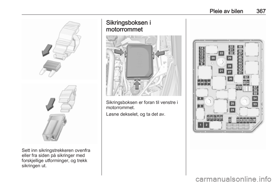 OPEL ASTRA K 2017.5  Instruksjonsbok Pleie av bilen367
Sett inn sikringstrekkeren ovenfra
eller fra siden på sikringer med
forskjellige utforminger, og trekk
sikringen ut.
Sikringsboksen i
motorrommet
Sikringsboksen er foran til venstre
