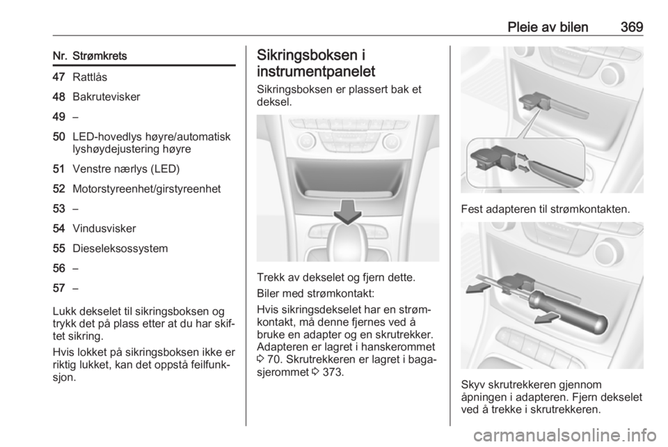 OPEL ASTRA K 2017.5  Instruksjonsbok Pleie av bilen369Nr.Strømkrets47Rattlås48Bakrutevisker49–50LED-hovedlys høyre/automatisklyshøydejustering høyre51Venstre nærlys (LED)52Motorstyreenhet/girstyreenhet53–54Vindusvisker55Diesele