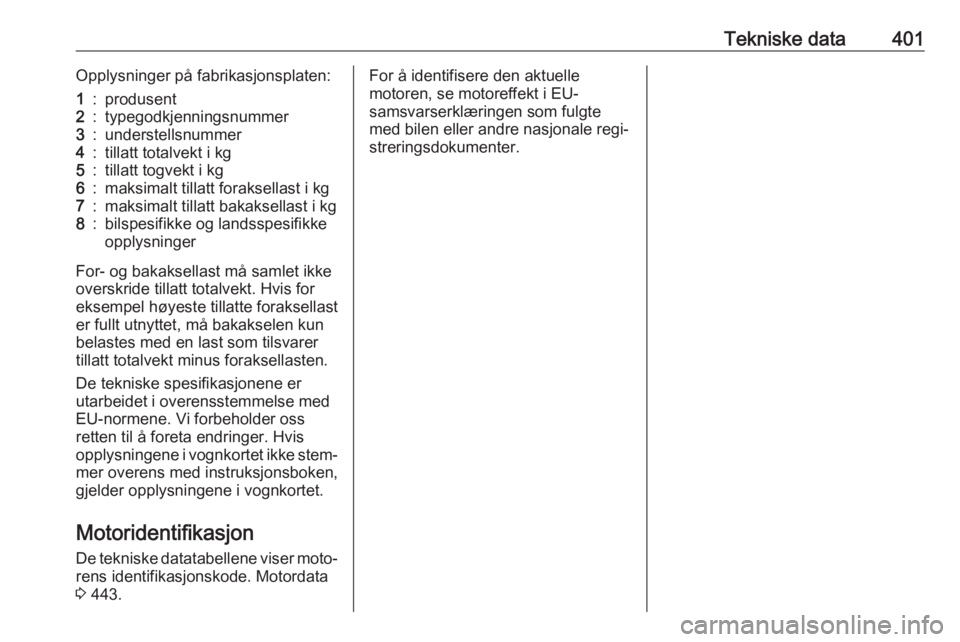 OPEL ASTRA K 2017.5  Instruksjonsbok Tekniske data401Opplysninger på fabrikasjonsplaten:1:produsent2:typegodkjenningsnummer3:understellsnummer4:tillatt totalvekt i kg5:tillatt togvekt i kg6:maksimalt tillatt foraksellast i kg7:maksimalt